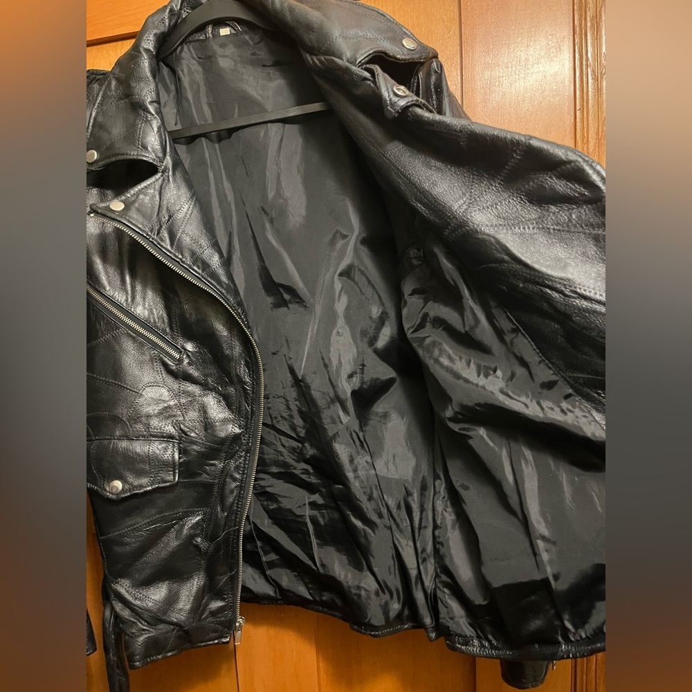 Genuine Leather Brand Black Motorcycle Jacket God Bless America Patch Women L​​ - Picture 5 of 7